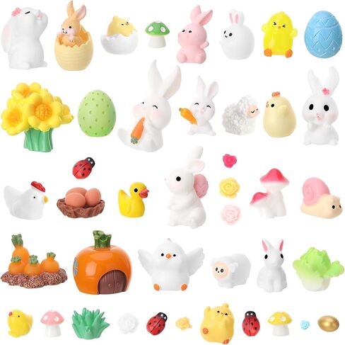 45 Pcs Easter Mini Resin Figurines, Miniature Sculptures Small Farm Bunny Chick Fairy Garden Decor for Egg Stuffers Gift Fairy Garden Cake Topper Decor in Saudi Arabia