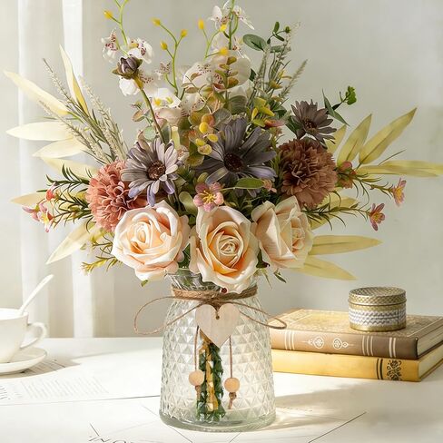 Silk Flowers with Vase, Artificial Flowers Arrangement with Glass Vase Faux Rose for Decoration Table Centerpiece (Dahlia White) in Saudi Arabia