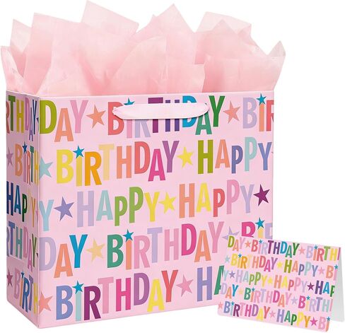 Yusenguan 13" Pink Happy Birthday Gift Bag, Colorful Lettering Design with Card, Tissue Paper and Sturdy Handles for Kids & Adults Birthday Parties in Saudi Arabia