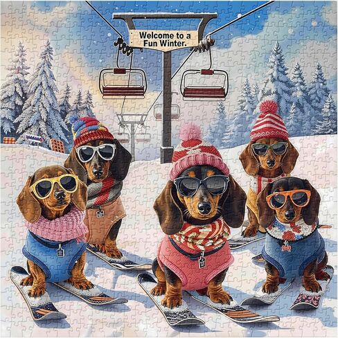 Funny Dachshund Skiing Dog Puzzles for Adults 1000 Pieces, Cute Puppy Jigsaw Puzzle Wearing Hats and Sunglasses Snowy Mountain Chairlift Scene, Challenging Holiday Animal Art Puzzle as Home Wall Decor in Saudi Arabia