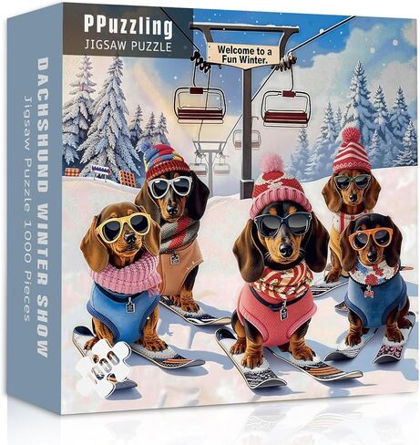 Funny Dachshund Skiing Dog Puzzles for Adults 1000 Pieces, Cute Puppy Jigsaw Puzzle Wearing Hats and Sunglasses Snowy Mountain Chairlift Scene, Challenging Holiday Animal Art Puzzle as Home Wall Decor in Saudi Arabia