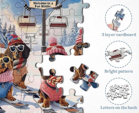Funny Dachshund Skiing Dog Puzzles for Adults 1000 Pieces, Cute Puppy Jigsaw Puzzle Wearing Hats and Sunglasses Snowy Mountain Chairlift Scene, Challenging Holiday Animal Art Puzzle as Home Wall Decor in Saudi Arabia