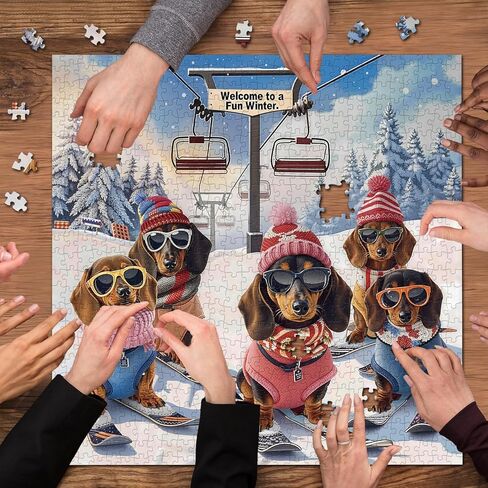 Funny Dachshund Skiing Dog Puzzles for Adults 1000 Pieces, Cute Puppy Jigsaw Puzzle Wearing Hats and Sunglasses Snowy Mountain Chairlift Scene, Challenging Holiday Animal Art Puzzle as Home Wall Decor in Saudi Arabia