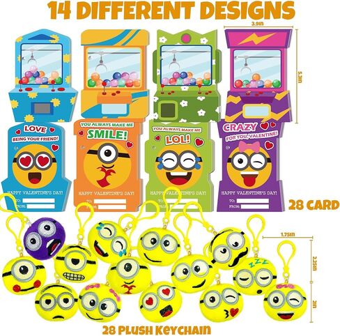 Valentines Plush Keychain - 28 PACK Expression Face Plush Keychain with Claw Machine Valentines Day Cards, Funny Valentine Exchange Cards for School Classroom, Valentines Day Gifts for Kids in Saudi Arabia