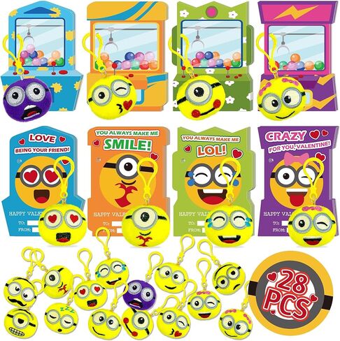 Valentines Plush Keychain - 28 PACK Expression Face Plush Keychain with Claw Machine Valentines Day Cards, Funny Valentine Exchange Cards for School Classroom, Valentines Day Gifts for Kids in Saudi Arabia