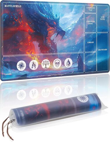 حصيرة لعب NiHome متوافقة مع MTG Magic The Gathering، مقاس 24 × 14 بوصة - قاعدة مطاطية غير قابلة للانزلاق، حواف مخيطة، مناطق للبطاقات وغطاء تخزين واقٍ (تنين الجليد) in Saudi Arabia