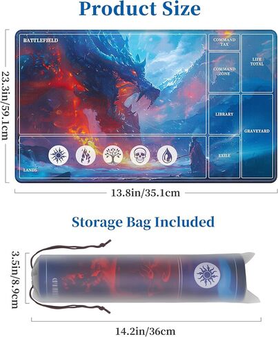 حصيرة لعب NiHome متوافقة مع MTG Magic The Gathering، مقاس 24 × 14 بوصة - قاعدة مطاطية غير قابلة للانزلاق، حواف مخيطة، مناطق للبطاقات وغطاء تخزين واقٍ (تنين الجليد) in Saudi Arabia