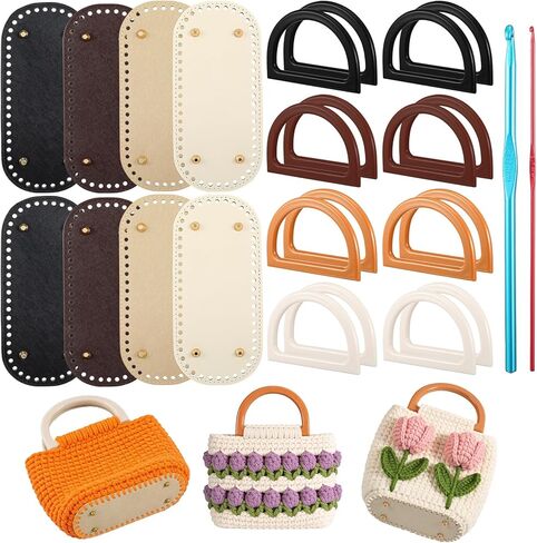 AOZUO 8+16 Pcs Bag Bases for Crochet with D Shape Purse Handles and 2 Pcs Crochet Hooks for Bag Making, 4 Colors Leather Purse Oval Bottoms for Crocheting DIY Bags Knitting in Saudi Arabia