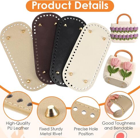 AOZUO 8+16 Pcs Bag Bases for Crochet with D Shape Purse Handles and 2 Pcs Crochet Hooks for Bag Making, 4 Colors Leather Purse Oval Bottoms for Crocheting DIY Bags Knitting in Saudi Arabia