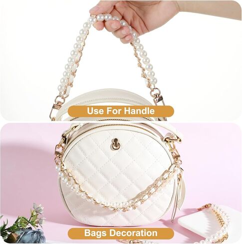 Bremorou 2 Pcs Bag Chain with Pearls Extender Pearl Bag Charms for Handbags Gold & White Charm Chain Elegant Metal Purse Strap Extender Replacement for Women Handbags Decorations Accessories in Saudi Arabia