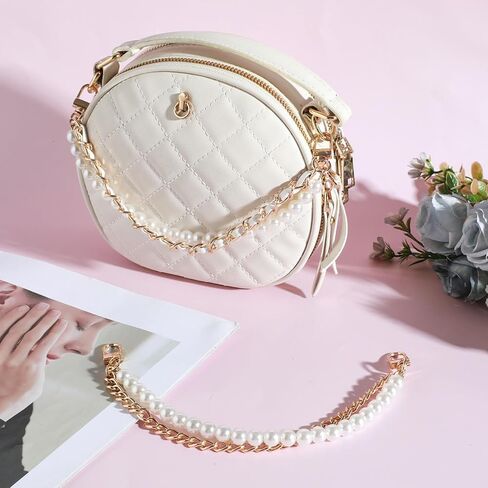 Bremorou 2 Pcs Bag Chain with Pearls Extender Pearl Bag Charms for Handbags Gold & White Charm Chain Elegant Metal Purse Strap Extender Replacement for Women Handbags Decorations Accessories in Saudi Arabia