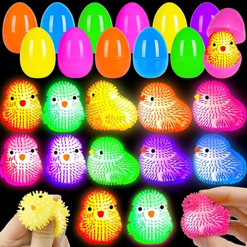 12 Pcs Easter LED Light-Up Puffer Chick Toys with Colorful Eggs | Reusable Sensory Fidget Stress Relief Toys for Kids Adults | Easter Basket Stuffers Fillers, Party Favors, Classroom Prizes in Saudi Arabia