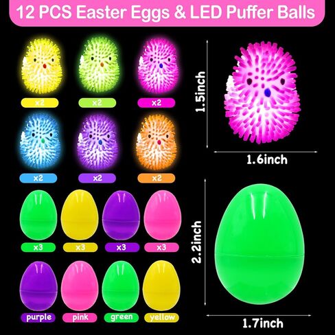 12 Pcs Easter LED Light-Up Puffer Chick Toys with Colorful Eggs | Reusable Sensory Fidget Stress Relief Toys for Kids Adults | Easter Basket Stuffers Fillers, Party Favors, Classroom Prizes in Saudi Arabia