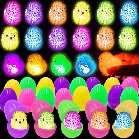 12 Pcs Easter LED Light-Up Puffer Chick Toys with Colorful Eggs | Reusable Sensory Fidget Stress Relief Toys for Kids Adults | Easter Basket Stuffers Fillers, Party Favors, Classroom Prizes in Saudi Arabia