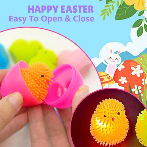 12 Pcs Easter LED Light-Up Puffer Chick Toys with Colorful Eggs | Reusable Sensory Fidget Stress Relief Toys for Kids Adults | Easter Basket Stuffers Fillers, Party Favors, Classroom Prizes in Saudi Arabia