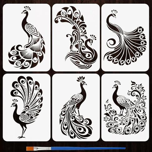 6 قطع من FINGERINSPIRE استنسل الطاووس مقاس 8.3x11.7 بوصة مع فرشاة، قوالب تصميم ريش الطاووس والطيور مقاس A4، استنسل رسم حيوانات قابل لإعادة الاستخدام، قالب رسم للحيوانات الأليفة DIY للحرف الفنية لتزيين المنزل in Kuwait