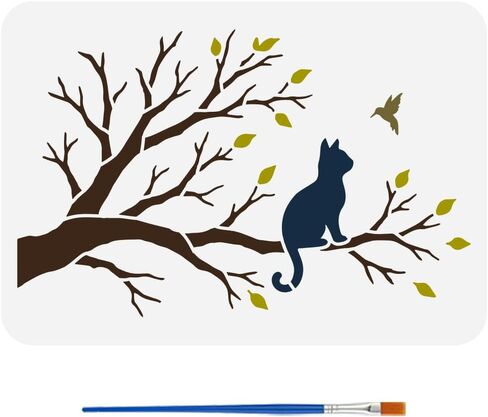 استنسل أشجار FINGERINSPIRE مع فرشاة 29.7 × 21 سم / 11.7 × 8.3 بوصة استنسل رسم للقطط قابل لإعادة الاستخدام على شكل طيور الحيوانات الأليفة، قالب تزيين على شكل حيوان للرسم على أثاث الأرضيات الخشبية in Kuwait