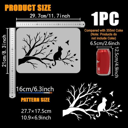 استنسل أشجار FINGERINSPIRE مع فرشاة 29.7 × 21 سم / 11.7 × 8.3 بوصة استنسل رسم للقطط قابل لإعادة الاستخدام على شكل طيور الحيوانات الأليفة، قالب تزيين على شكل حيوان للرسم على أثاث الأرضيات الخشبية in Kuwait