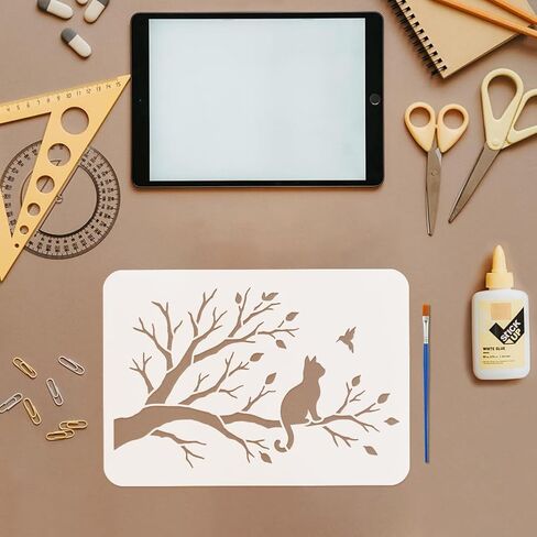 استنسل أشجار FINGERINSPIRE مع فرشاة 29.7 × 21 سم / 11.7 × 8.3 بوصة استنسل رسم للقطط قابل لإعادة الاستخدام على شكل طيور الحيوانات الأليفة، قالب تزيين على شكل حيوان للرسم على أثاث الأرضيات الخشبية in Kuwait