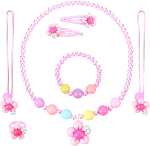 Toddler Jewelry, Pink Play Jewelry Costume for 2-3, Includes Pink Beaded Necklace Bracelet Hair Clips Rings for Toddler Princess Dress-up in Saudi Arabia