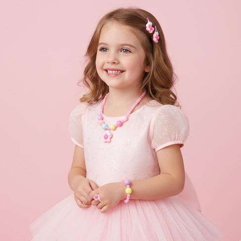 Toddler Jewelry, Pink Play Jewelry Costume for 2-3, Includes Pink Beaded Necklace Bracelet Hair Clips Rings for Toddler Princess Dress-up in Saudi Arabia