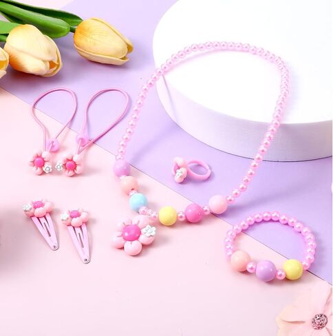Toddler Jewelry, Pink Play Jewelry Costume for 2-3, Includes Pink Beaded Necklace Bracelet Hair Clips Rings for Toddler Princess Dress-up in Saudi Arabia