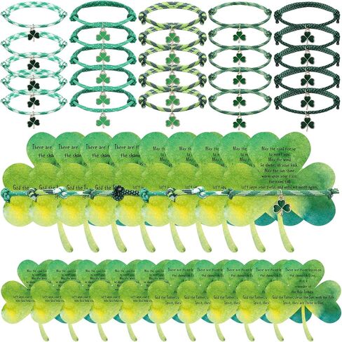 Landical 25 Sets St. Patrick's Day Party Favors Include Irish Green Clover Bracelets Lucky Charm Shamrock Pendant Bracelets Greeting Cards for Friends St. Patrick's Day Party Supplies (Lucky Clover) in Saudi Arabia