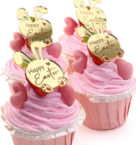 24 قطعة من أغطية الكب كيك على شكل أرنب عيد الفصح السعيد، أكريليك مرآة ذهبية، 1.57 × 2.16 بوصة، لوازم حفلات تزيين كعكة عيد الفصح in Kuwait