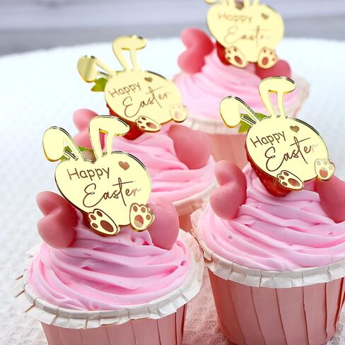 24 قطعة من أغطية الكب كيك على شكل أرنب عيد الفصح السعيد، أكريليك مرآة ذهبية، 1.57 × 2.16 بوصة، لوازم حفلات تزيين كعكة عيد الفصح in Kuwait
