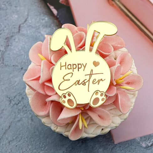 24 قطعة من أغطية الكب كيك على شكل أرنب عيد الفصح السعيد، أكريليك مرآة ذهبية، 1.57 × 2.16 بوصة، لوازم حفلات تزيين كعكة عيد الفصح in Kuwait