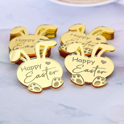 24 قطعة من أغطية الكب كيك على شكل أرنب عيد الفصح السعيد، أكريليك مرآة ذهبية، 1.57 × 2.16 بوصة، لوازم حفلات تزيين كعكة عيد الفصح in Kuwait