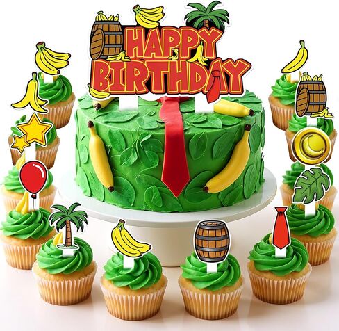 HOMEZZO Jungle Theme Cupcake Toppers Set, 25 PCS Tropical Banana Barrel Picks for Safari Baby Shower Kids Birthday Party Supplies in Kuwait