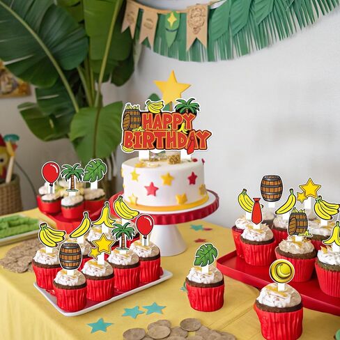 HOMEZZO Jungle Theme Cupcake Toppers Set, 25 PCS Tropical Banana Barrel Picks for Safari Baby Shower Kids Birthday Party Supplies in Kuwait