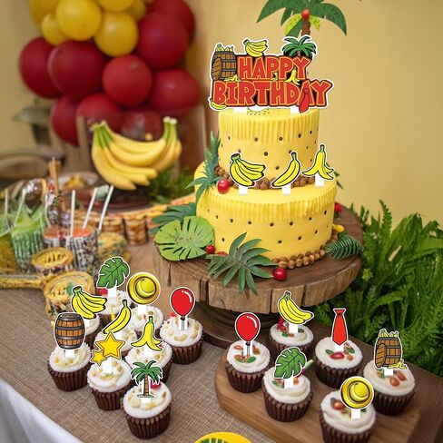 HOMEZZO Jungle Theme Cupcake Toppers Set, 25 PCS Tropical Banana Barrel Picks for Safari Baby Shower Kids Birthday Party Supplies in Kuwait