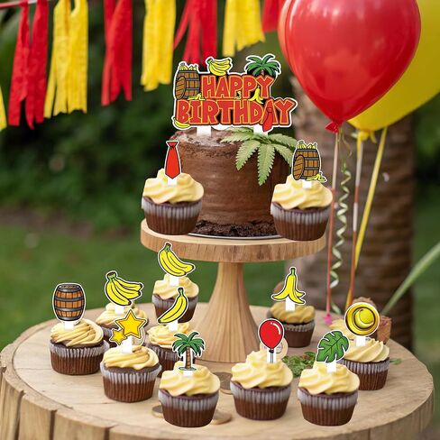 HOMEZZO Jungle Theme Cupcake Toppers Set, 25 PCS Tropical Banana Barrel Picks for Safari Baby Shower Kids Birthday Party Supplies in Kuwait