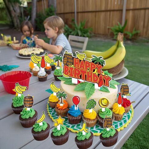 HOMEZZO Jungle Theme Cupcake Toppers Set, 25 PCS Tropical Banana Barrel Picks for Safari Baby Shower Kids Birthday Party Supplies in Kuwait