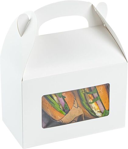 صناديق الجملون من Bio Tek مقاس 8.5 × 4.8 × 5.5 بوصة لمفضلات الحفلات، 25 صندوق هدايا جذاب - نافذة شفافة للحيوانات الأليفة، مع مقبض مدمج، صناديق حظيرة ورقية بيضاء، مقاومة للدهون، للحفلات in Saudi Arabia