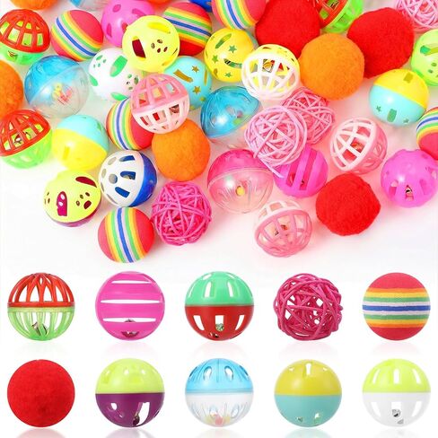 MAQUITA 100 Pcs Cat Jingle Balls Toys Bulk, Plastic Small Crinkle Ball Assorted Cat Balls with Bell for Kitten Chase Pounce Rattle Play Toys (Multicolor) in Saudi Arabia