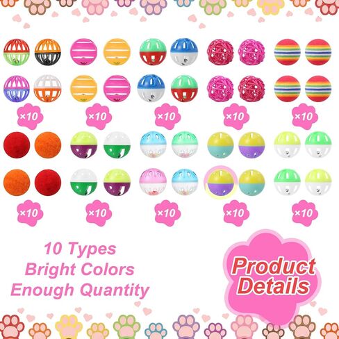 MAQUITA 100 Pcs Cat Jingle Balls Toys Bulk, Plastic Small Crinkle Ball Assorted Cat Balls with Bell for Kitten Chase Pounce Rattle Play Toys (Multicolor) in Saudi Arabia