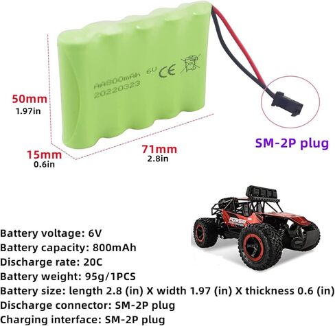 Accessories 2PCS 6.0V 800mAh Rechargeable RC Toy Battery SM2P Plug for Truck, Stunt Car, Excavator With USB Charging Cable in Kuwait