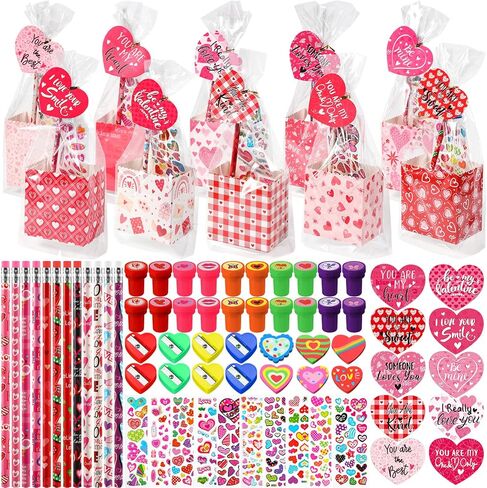 Pasimy 240 Pcs Valentine's Day Stationery Gifts for Kids, Valentines Popcorn Boxes Valentines Gift Tag Heart Shape Pencil Sharpener Eraser Pencil Sticker Stamp for Classroom Exchange Gift Prize Supply in Saudi Arabia