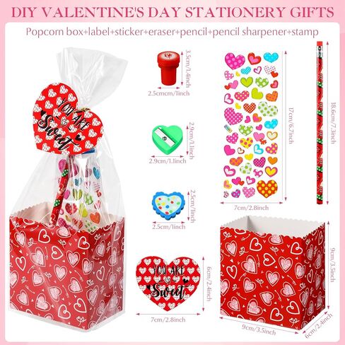 Pasimy 240 Pcs Valentine's Day Stationery Gifts for Kids, Valentines Popcorn Boxes Valentines Gift Tag Heart Shape Pencil Sharpener Eraser Pencil Sticker Stamp for Classroom Exchange Gift Prize Supply in Saudi Arabia