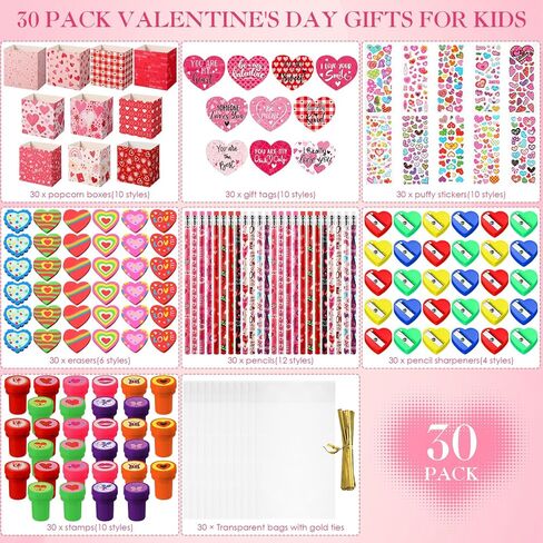 Pasimy 240 Pcs Valentine's Day Stationery Gifts for Kids, Valentines Popcorn Boxes Valentines Gift Tag Heart Shape Pencil Sharpener Eraser Pencil Sticker Stamp for Classroom Exchange Gift Prize Supply in Saudi Arabia