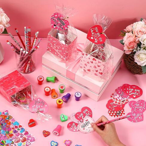 Pasimy 240 Pcs Valentine's Day Stationery Gifts for Kids, Valentines Popcorn Boxes Valentines Gift Tag Heart Shape Pencil Sharpener Eraser Pencil Sticker Stamp for Classroom Exchange Gift Prize Supply in Saudi Arabia