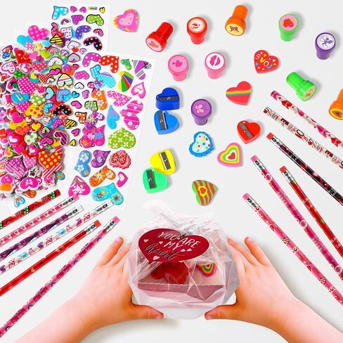 Pasimy 240 Pcs Valentine's Day Stationery Gifts for Kids, Valentines Popcorn Boxes Valentines Gift Tag Heart Shape Pencil Sharpener Eraser Pencil Sticker Stamp for Classroom Exchange Gift Prize Supply in Saudi Arabia