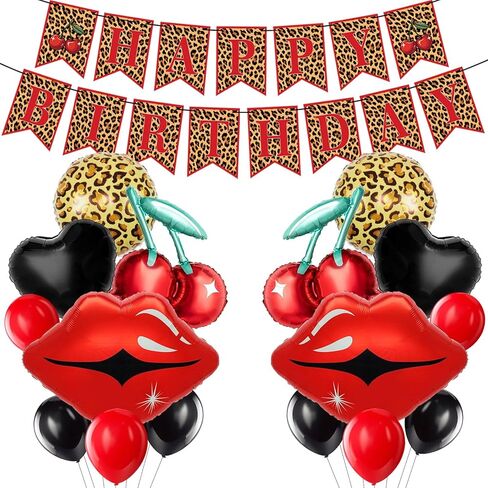 Cheetah and Cherry Birthday Decorations, Banner with Black Red Balloons, Cherry, Red Lips, Leopard Print and Black Heart Foil Balloons, Birthday Party Decor Sulpplies for Girls Women in Saudi Arabia