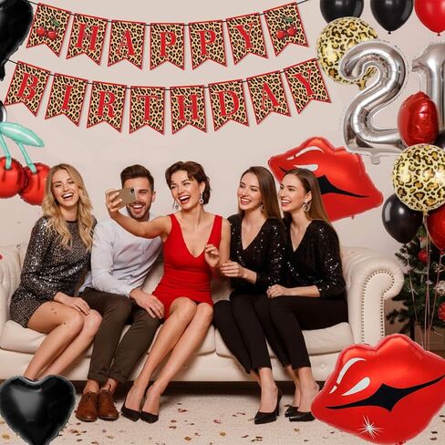 Cheetah and Cherry Birthday Decorations, Banner with Black Red Balloons, Cherry, Red Lips, Leopard Print and Black Heart Foil Balloons, Birthday Party Decor Sulpplies for Girls Women in Saudi Arabia