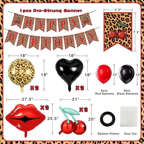 Cheetah and Cherry Birthday Decorations, Banner with Black Red Balloons, Cherry, Red Lips, Leopard Print and Black Heart Foil Balloons, Birthday Party Decor Sulpplies for Girls Women in Saudi Arabia