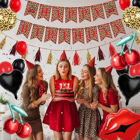 Cheetah and Cherry Birthday Decorations, Banner with Black Red Balloons, Cherry, Red Lips, Leopard Print and Black Heart Foil Balloons, Birthday Party Decor Sulpplies for Girls Women in Saudi Arabia
