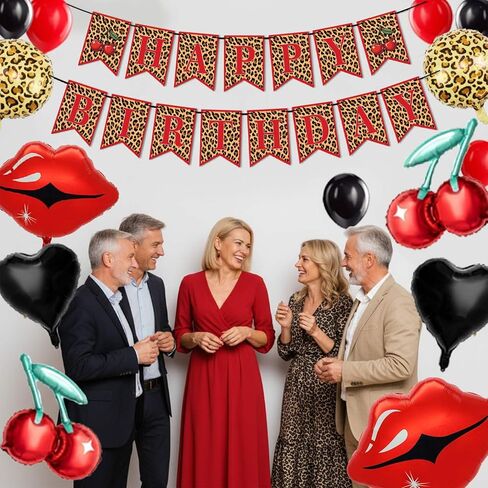 Cheetah and Cherry Birthday Decorations, Banner with Black Red Balloons, Cherry, Red Lips, Leopard Print and Black Heart Foil Balloons, Birthday Party Decor Sulpplies for Girls Women in Saudi Arabia